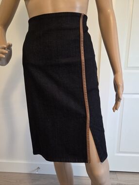 Lauren Ralph Lauren Blue Denim Pencil Skirt With Leather Trim